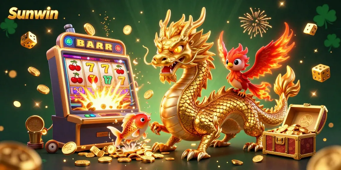 Win big at Sunwin with vibrant 3D illustration showcasing a dragon and phoenix in a dynamic casino scene.