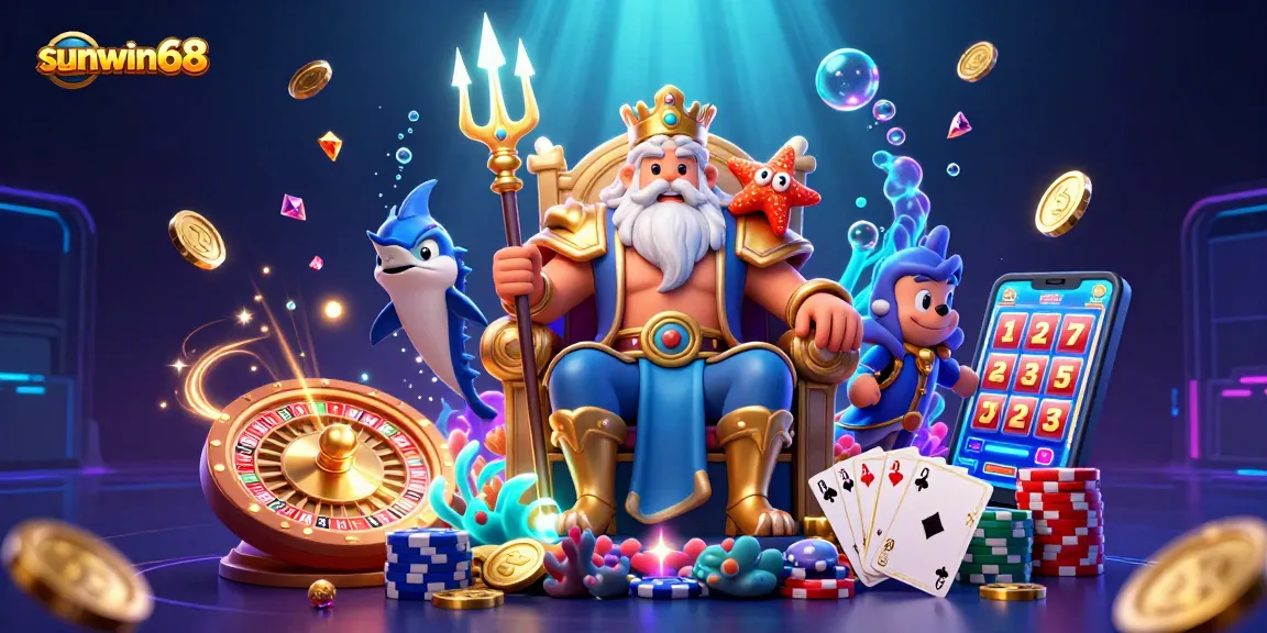 Engage with sunwin68 as Neptune presides over a spellbinding casino scene filled with gold coins and lucky slots.