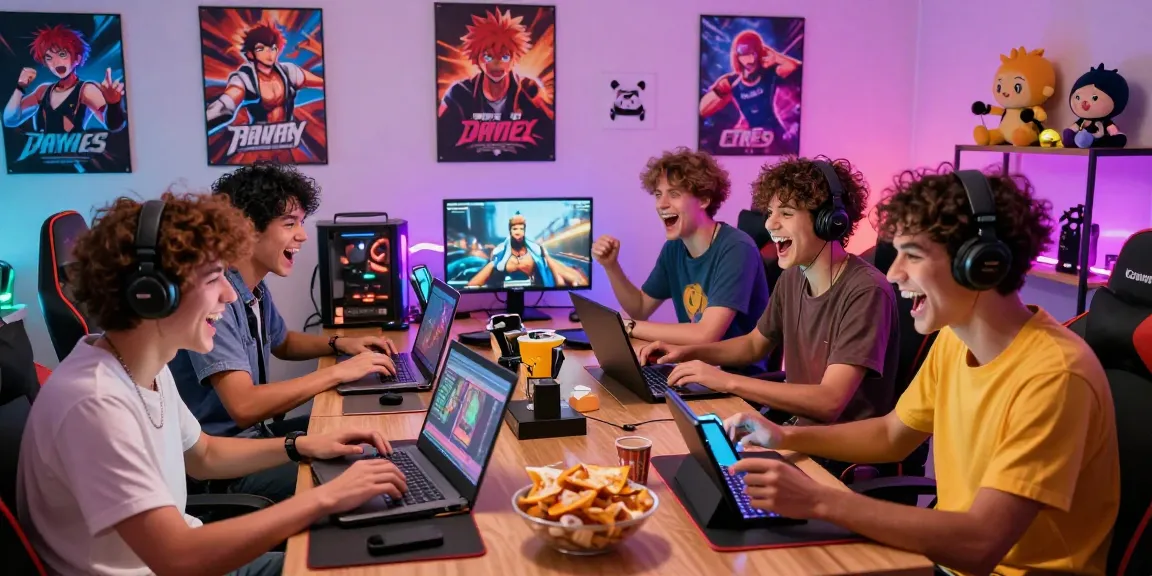 Engaging scene of players enjoying gay hentai games in a lively gaming room with colorful decor and devices.