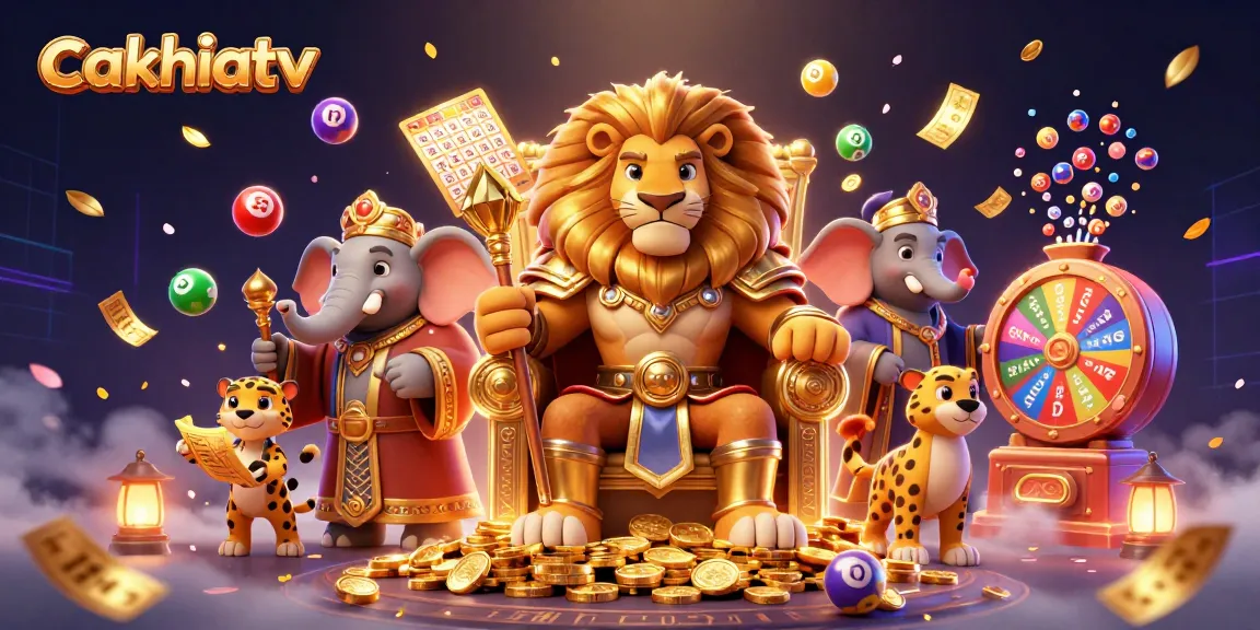 Cakhiatv offers thrilling gambling experiences with vibrant visuals, showcasing a lion king and energetic casino elements.