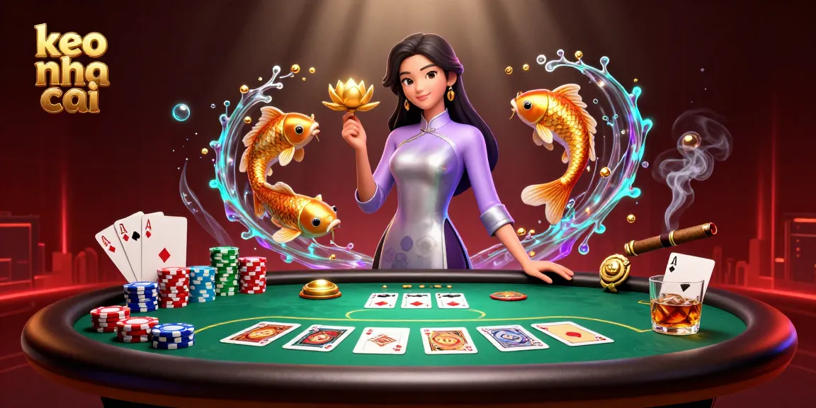 Engage with keo nha cai's dynamic chances on the poker table, illustrated with vibrant characters and elements.