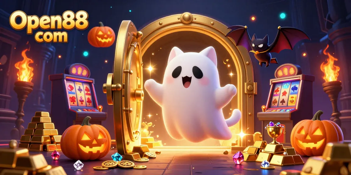 Experience thrilling gaming action at Open88 com with a friendly ghost cat and vibrant casino elements.