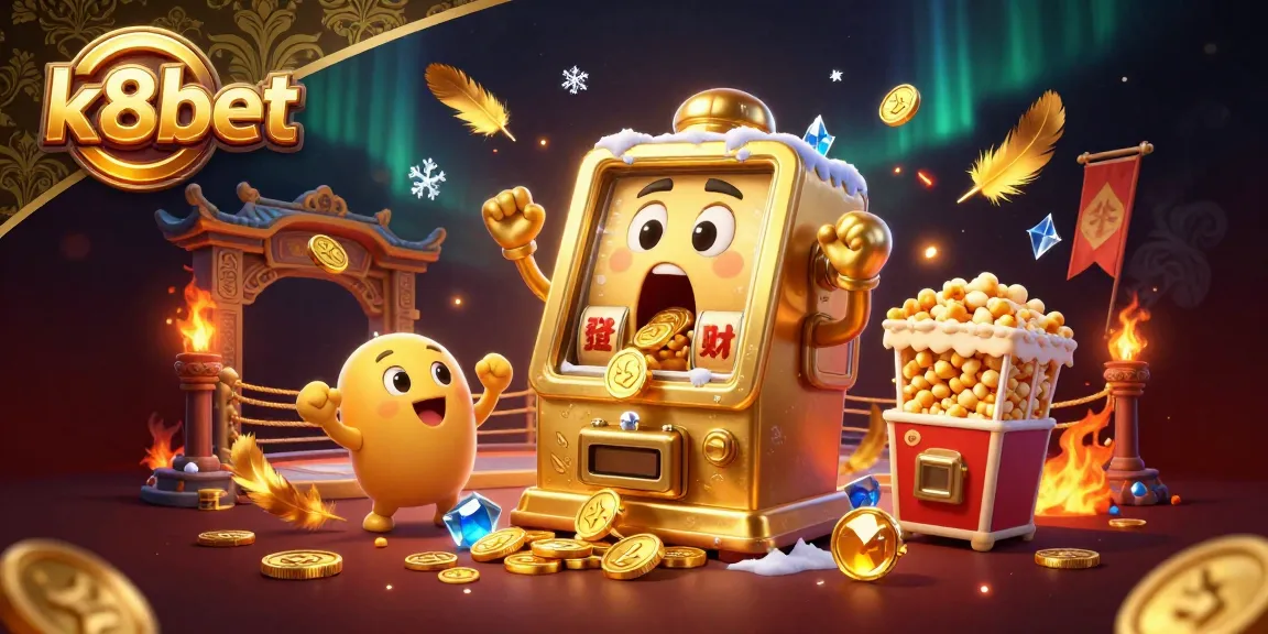 K8bet players enjoying golden jackpot winnings with animated slot machines and vibrant casino atmosphere.