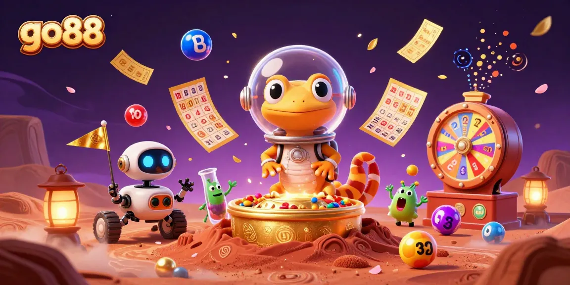 Engage with go88's vibrant casino adventure featuring a Martian gecko discovering treasures.