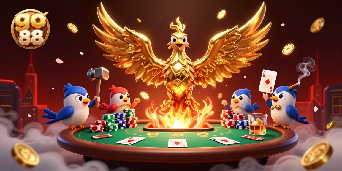 Engage with go 88 at a vibrant casino scene featuring a molten golden phoenix and poker elements.