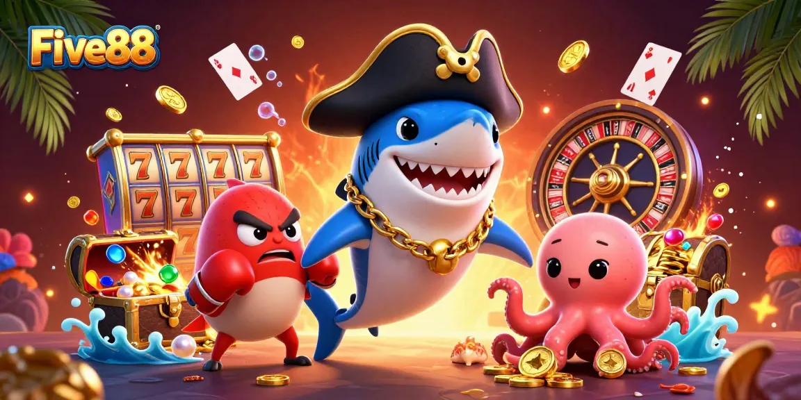 Five88 showcases thrilling gaming action with cartoon sharks, pufferfish, and octopus in a vibrant casino scene.