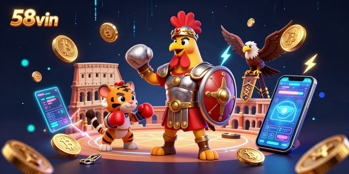 Engage with the thrilling 58vin online gaming experience featuring a gladiator rooster and spectacular casino elements.