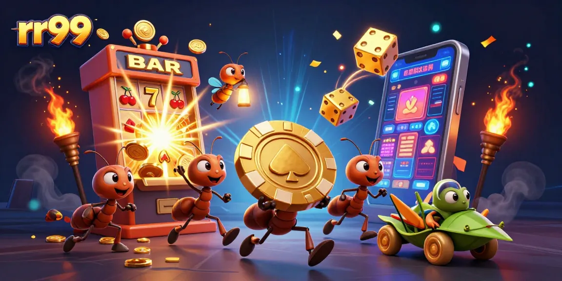 rr99 captures a heisty scene with ants stealing a giant poker chip amidst a dynamic casino explosion.