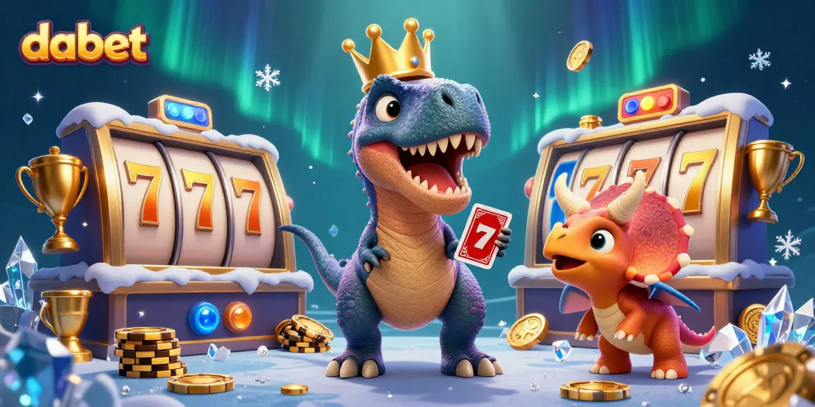 Dabet engages in thrilling casino games as a T-Rex shuffles cards and a baby triceratops stacks chips.