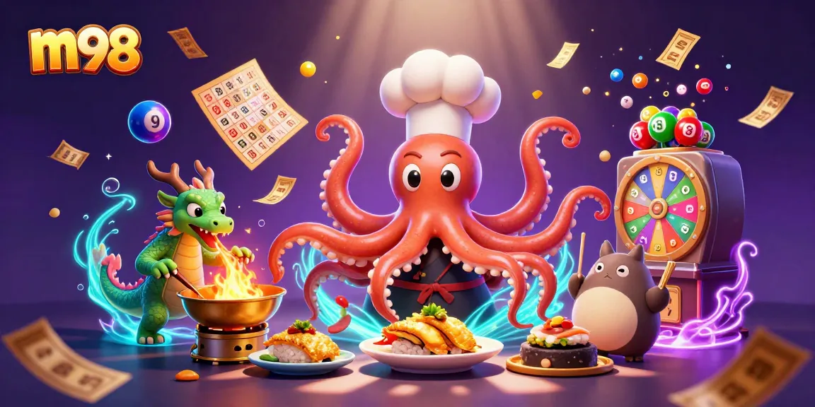 Engage with action-packed m98 gaming features through vibrant illustrations of casino activities.