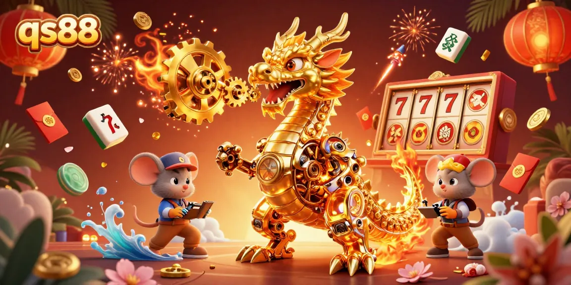 Engage with qs88's exciting online games through a vibrant 3D illustration showcasing a dragon amidst casino elements.