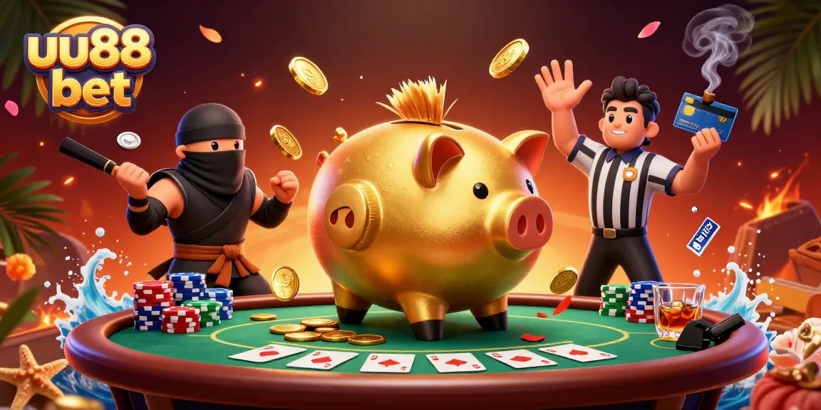 Engage with the thrilling uu88 bet as a golden piggy bank sumo wrestler shakes loose coins in a vibrant casino scene.