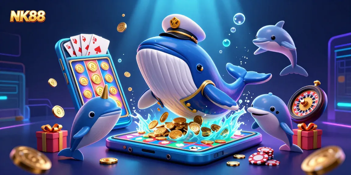 Win big at NK88 with a vibrant illustration featuring a whale, narwhal, and dolphins surrounded by casino elements