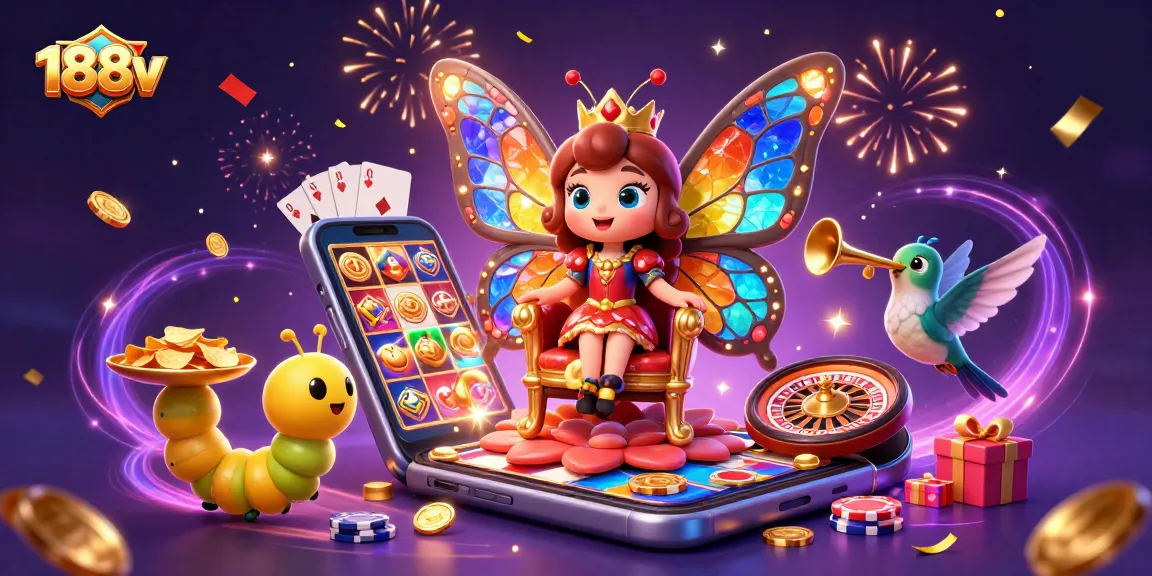 Experience vibrant gameplay with 188v's playful butterfly queen surrounded by casino elements.