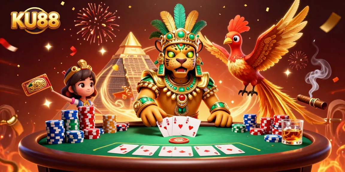 Engage with thrill at KU88's vibrant online casino featuring poker excitement and festive atmosphere.
