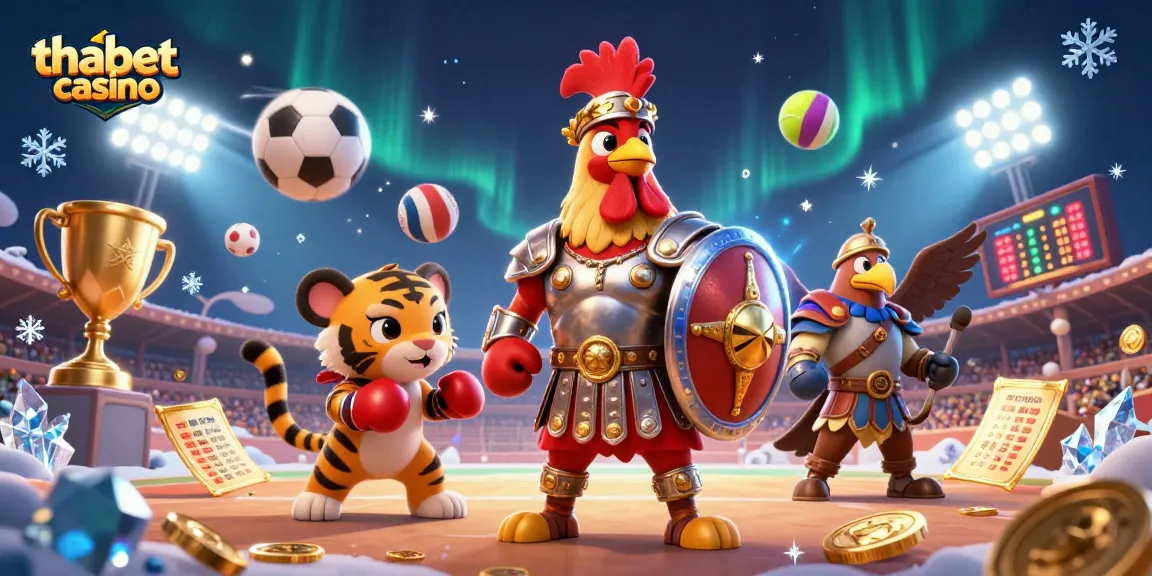 Experience thrilling action at thabet casino with a dynamic illustration of a gladiator rooster and friends.