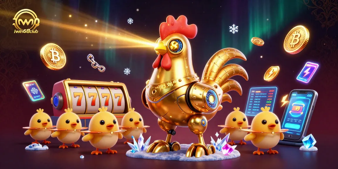 Experience exhilarating gaming action at iwin68club with a retro-futuristic golden rooster robot and crypto coins.