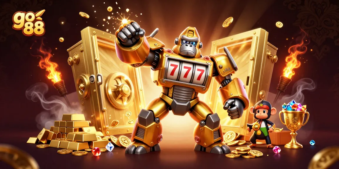 Engage with go 88’s thrilling experience in a vibrant casino scene featuring a golden gorilla mech and treasure.