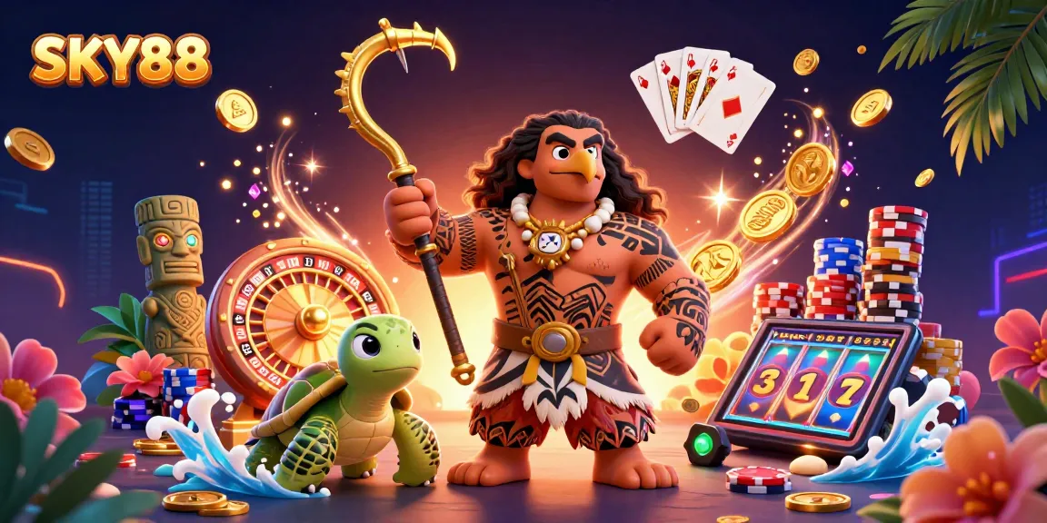Experience Sky88 gaming with vibrant 3D characters and thrilling casino elements in this illustration.