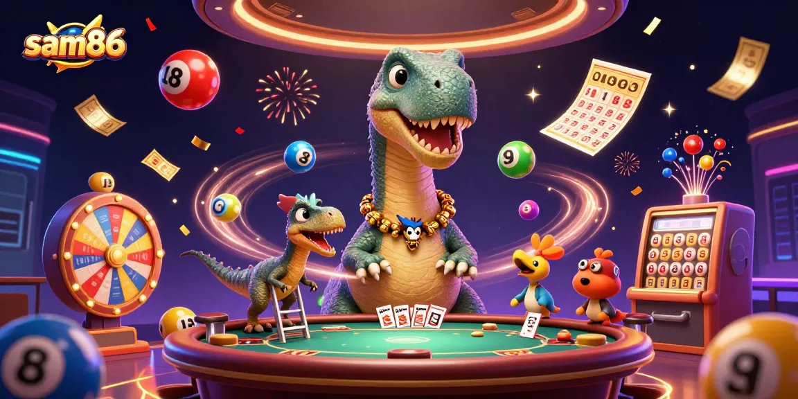 Experience the excitement of sam86 with a whimsical 3D illustration of dinosaurs and casino elements.