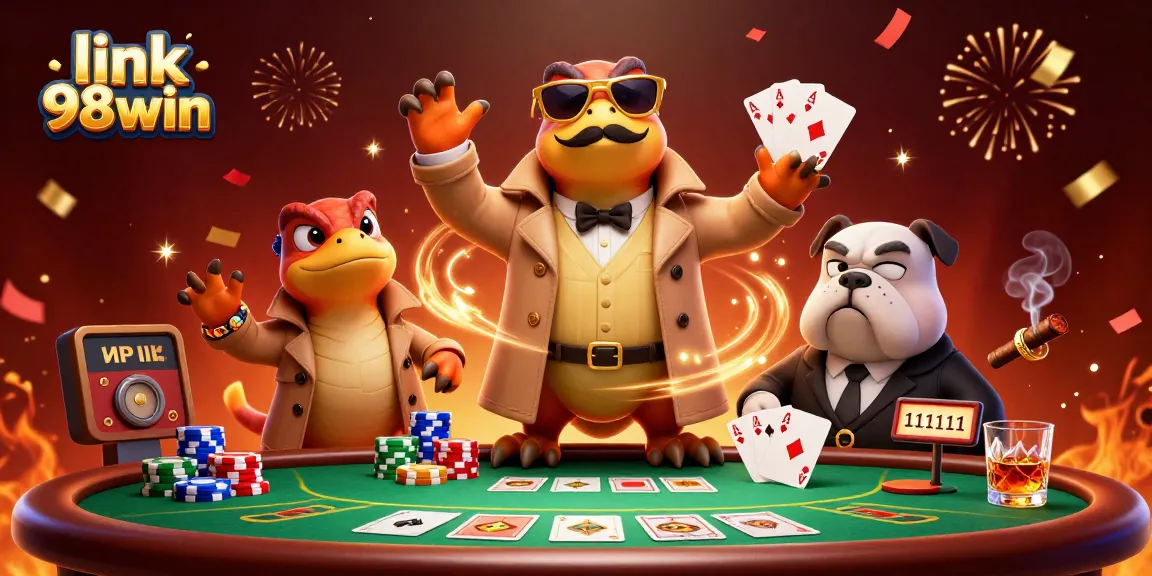 Experience exciting action with link 98win as 3D cartoon raptors enter a VIP casino, showcasing poker elements.