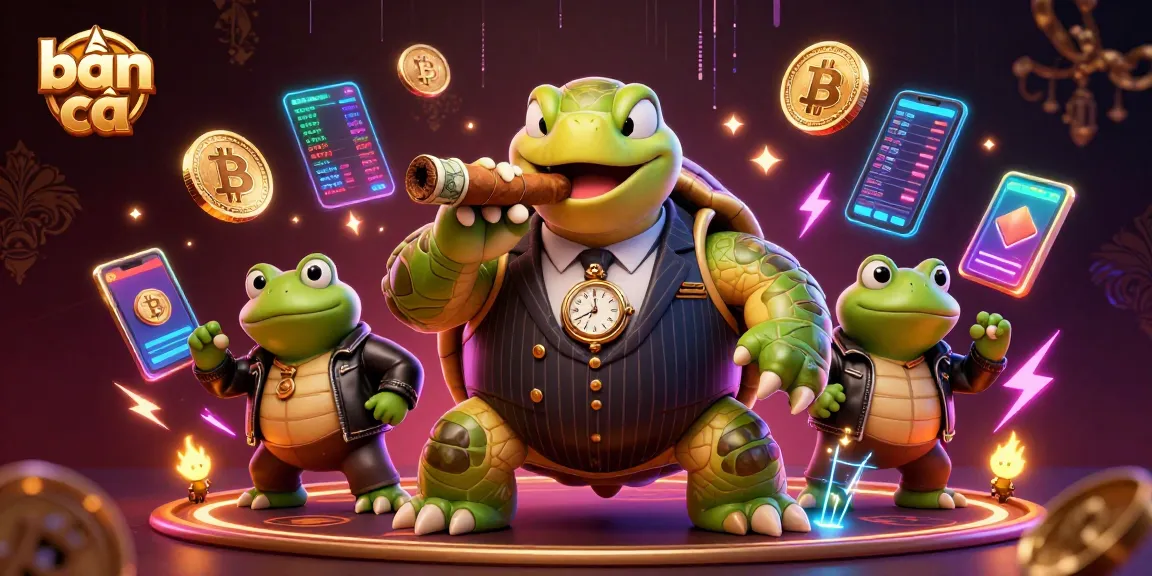 Bắn cá adventure with a snapping turtle and bullfrogs in a vibrant casino setting, featuring neon coins.