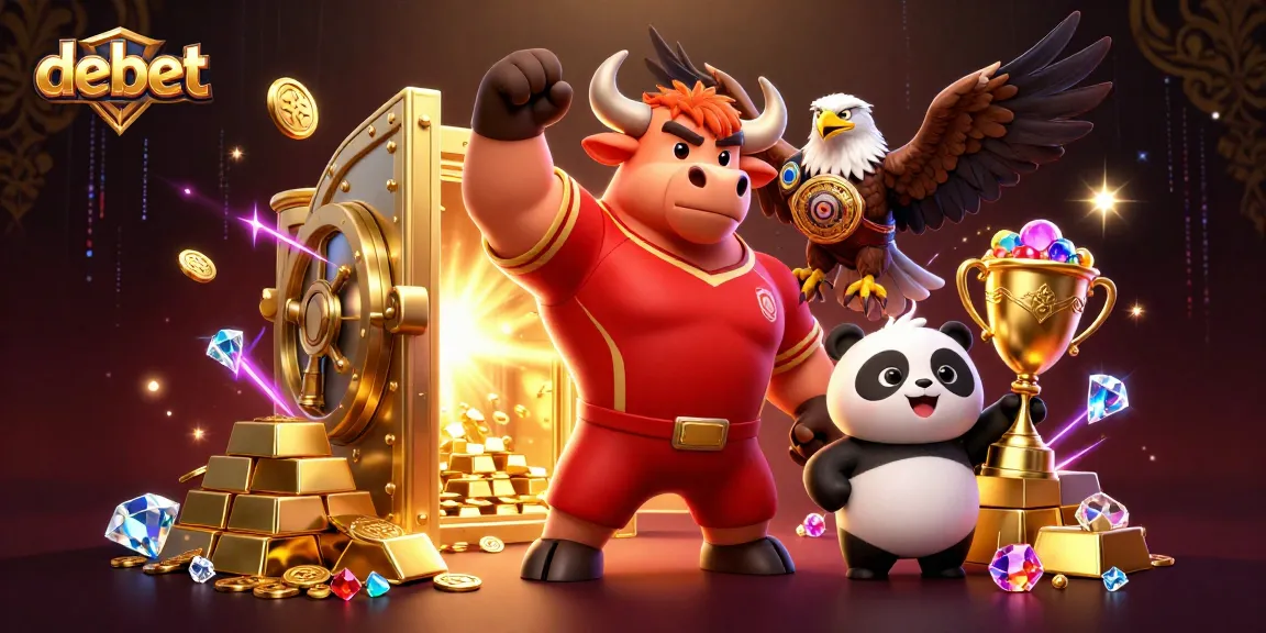 Experience winning moments at debet with a vibrant casino scene featuring characters and treasure.