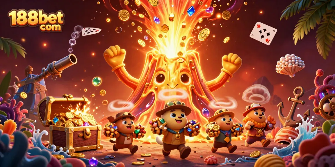 Experience the excitement of 188bet com with a vibrant display of a golden volcano erupting treasure.