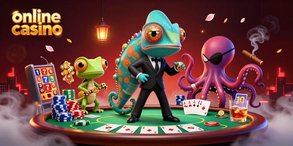 Experience the excitement of an online casino with a vibrant illustration featuring poker elements and dynamic characters.