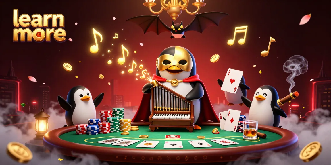 Learn more about the enchanting casino experience with a penguin organist amid vibrant poker scenes.