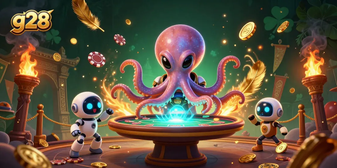 g28 themed casino illustration with an alien octopus and poker hologram amidst rich, dynamic elements