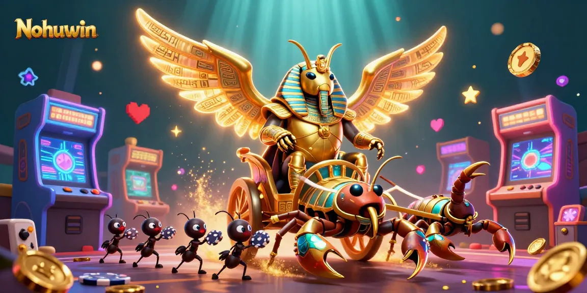 Nohuwin gaming strategies shine with a vivid 3D casino illustration of a golden scarab and scorpions.