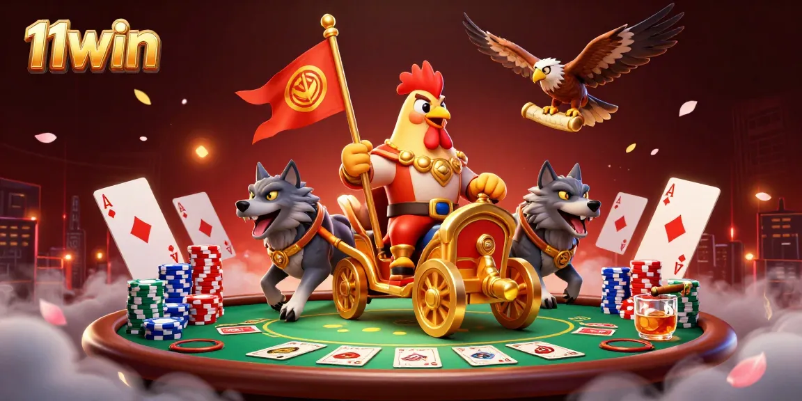 Experience the excitement of 11WIN with a dynamic poker scene featuring a cartoon rooster warlord and dramatic game elements.