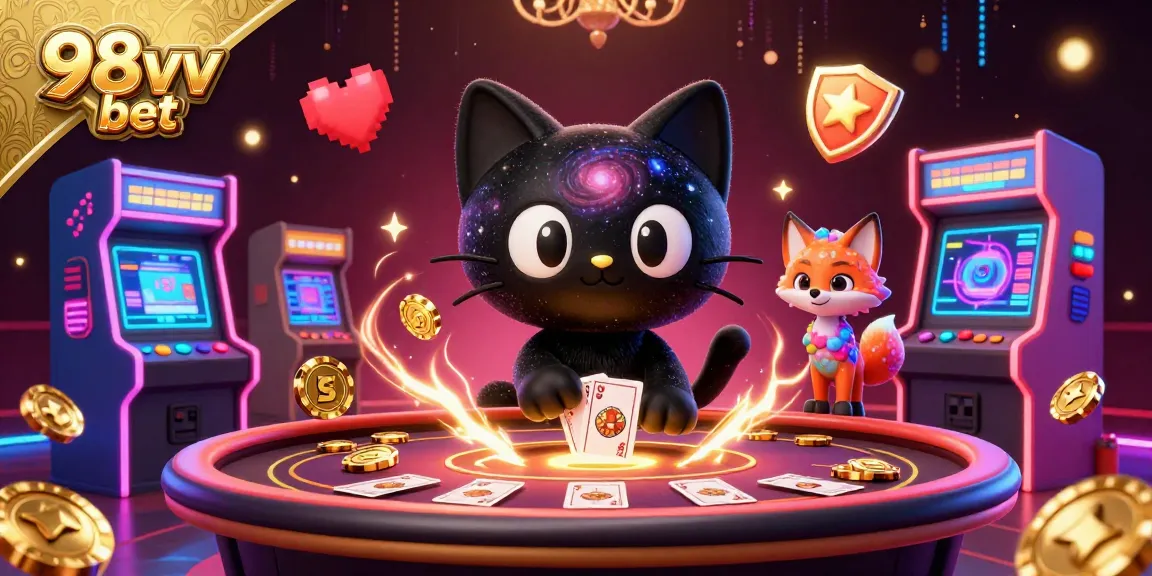 Experience excitement at 98vv bet with a cosmic scene featuring vibrant gaming elements and unique characters.