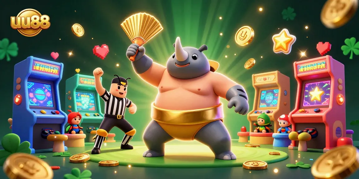 Experience the excitement of uu88 with a sumo beetle champion stomping coins in a vibrant casino.
