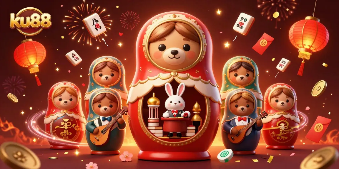 ku88 showcases a vivid 3D illustration with a Matryoshka bear, joyful casino elements, and festive atmosphere.