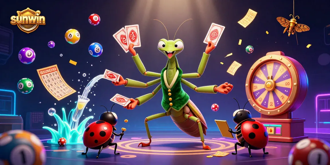 Experience the thrill of sunwin with a giant mantis dealer and ladybug pit boss in a vibrant casino scene.