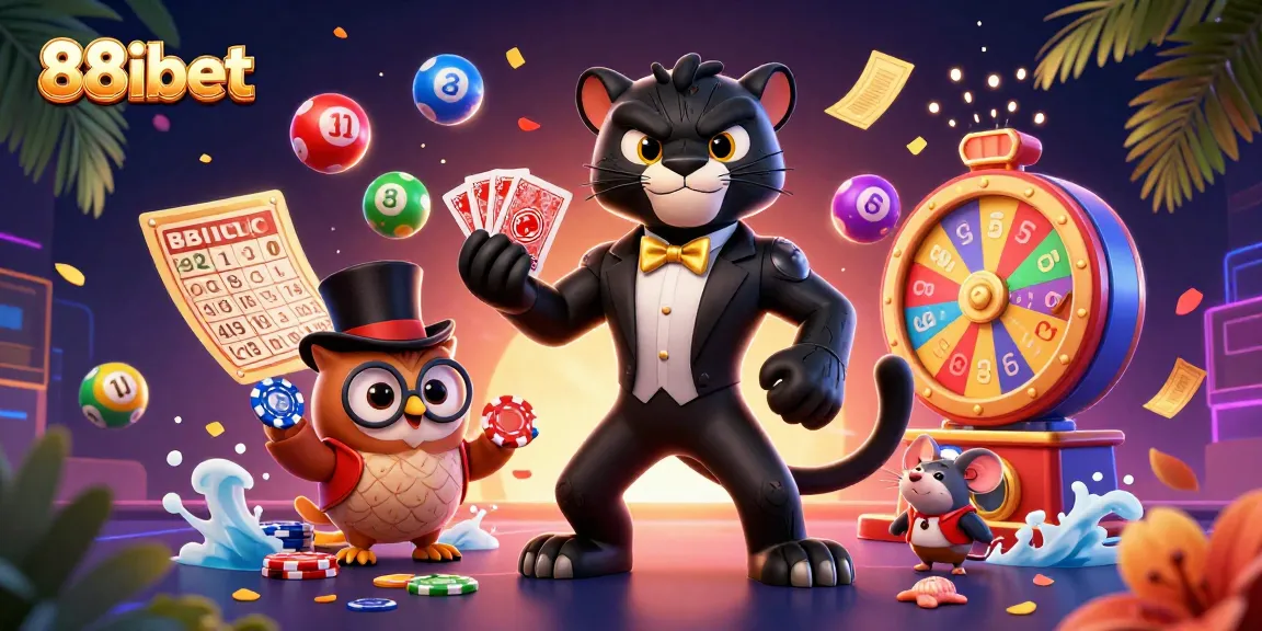 88ibet showcases vibrant casino excitement with cartoon characters, lottery balls, and festive game elements.