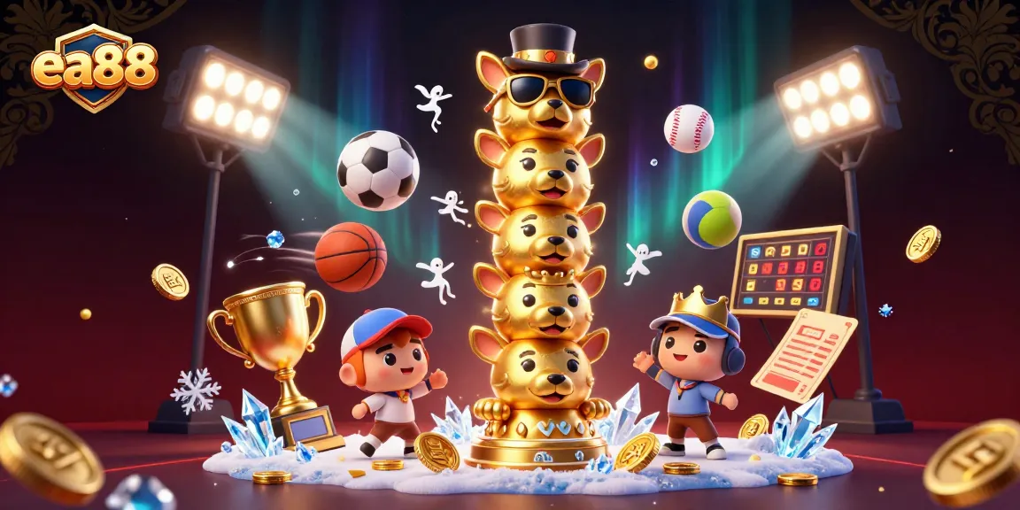 Bet on exciting games at ea88 with a vibrant casino totem illustration and sports elements.