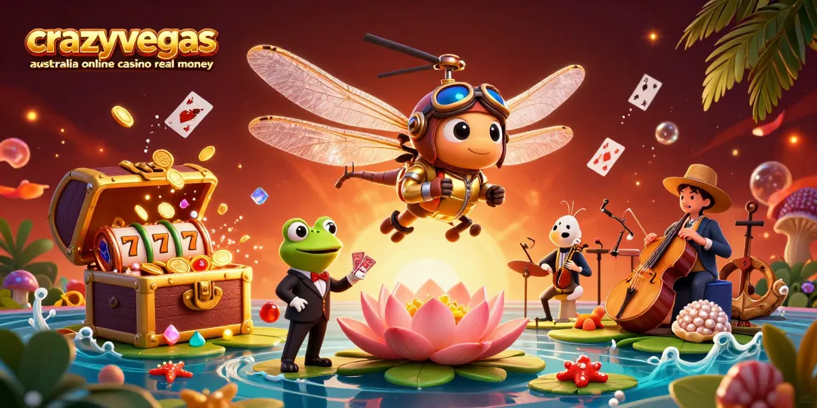 Cherish the excitement at crazyvegas australia online casino real money with a vivid 3D scene of a dragonfly pilot, frog croupier, and jazzy cricket musicians.