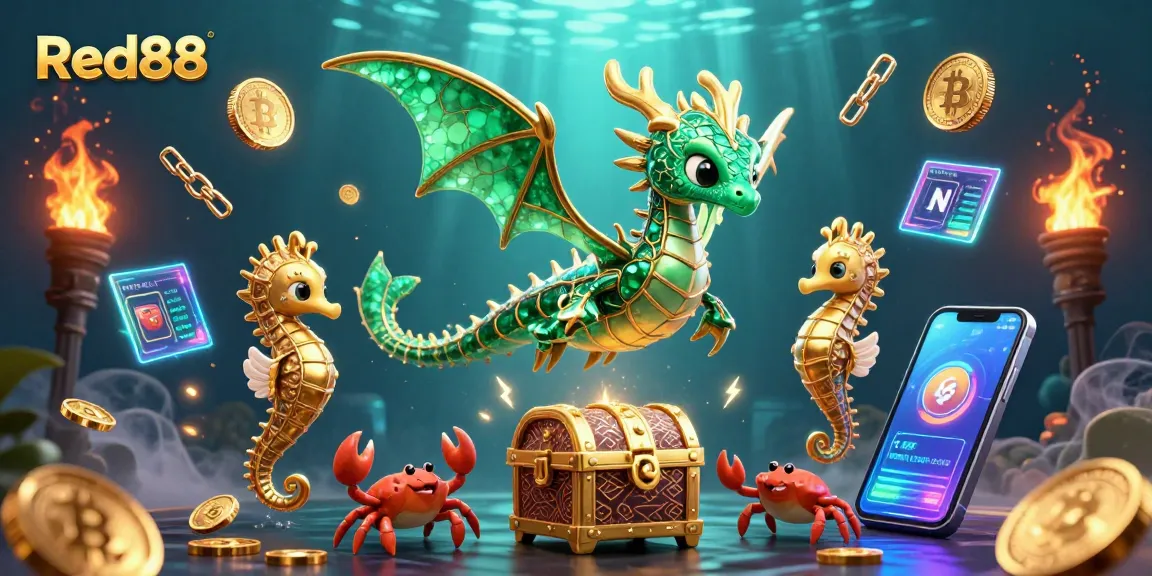 Engage with Red88's immersive gaming experience featuring an emerald sea dragon amidst crypto elements.