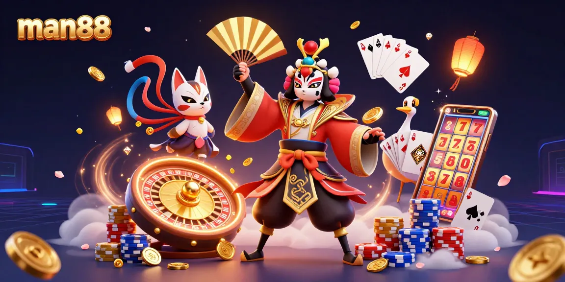 Experience man88's thrilling gaming atmosphere with dynamic characters and casino elements.