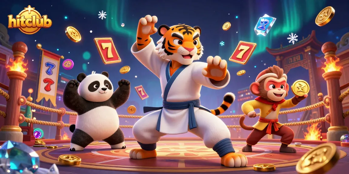 Experience the thrill of hitclub with kung fu master and playful characters in a vibrant casino scene.